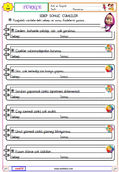 3. Sınıf Türkçe Sebep Sonuç Cümleleri Etkinliği